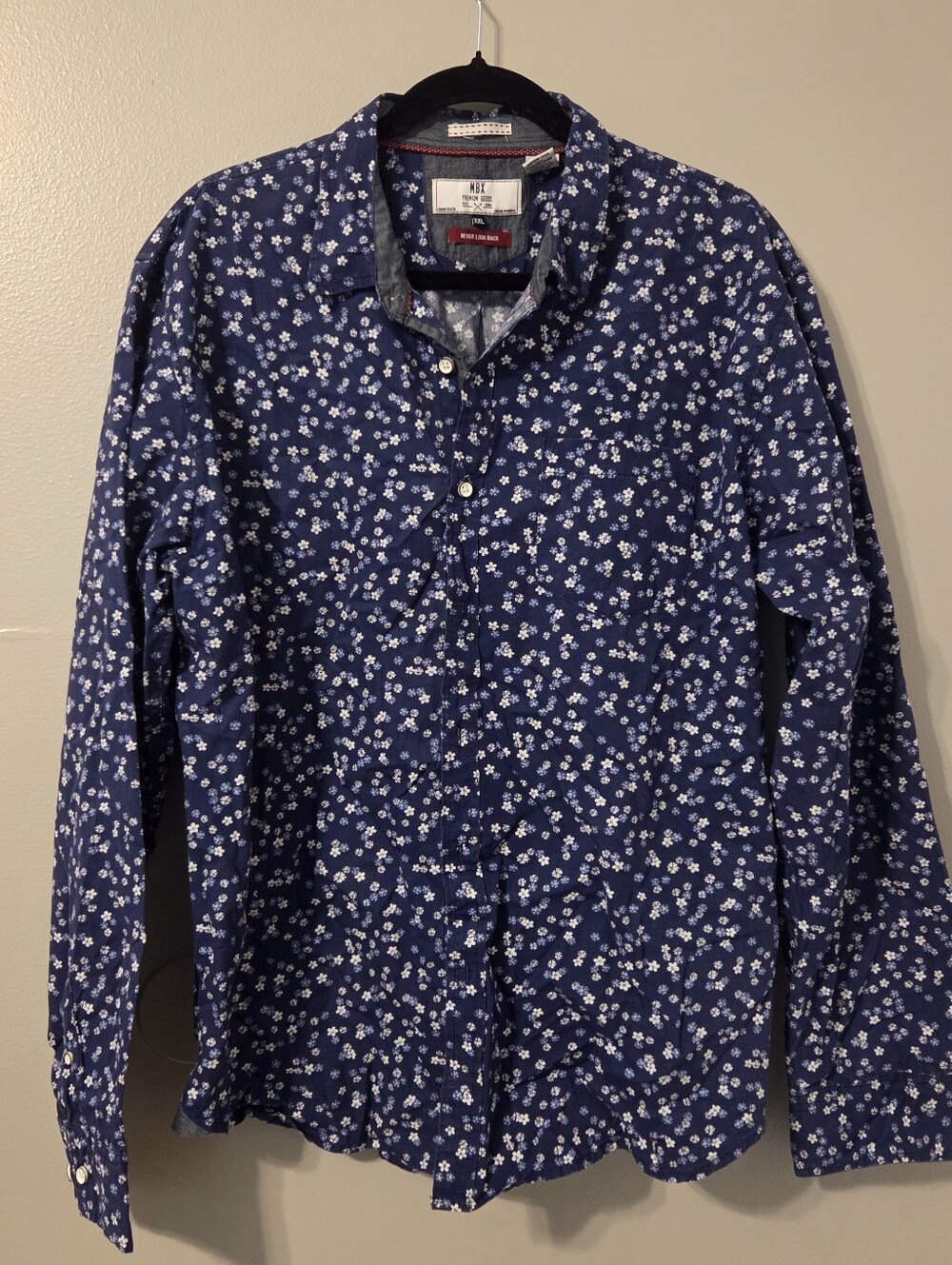 MBX Premium Goods Men's Blue White Floral Long Sleeve Button Up Shirt. Sz XXL